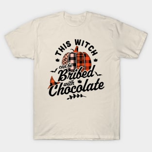 This Witch Can Be Bribed With Chocolate Halloween Fall Plaid T-Shirt